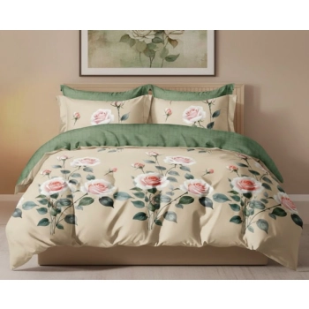 Pościel 160x200 beżowa w róże PK683 z prześcieradłem